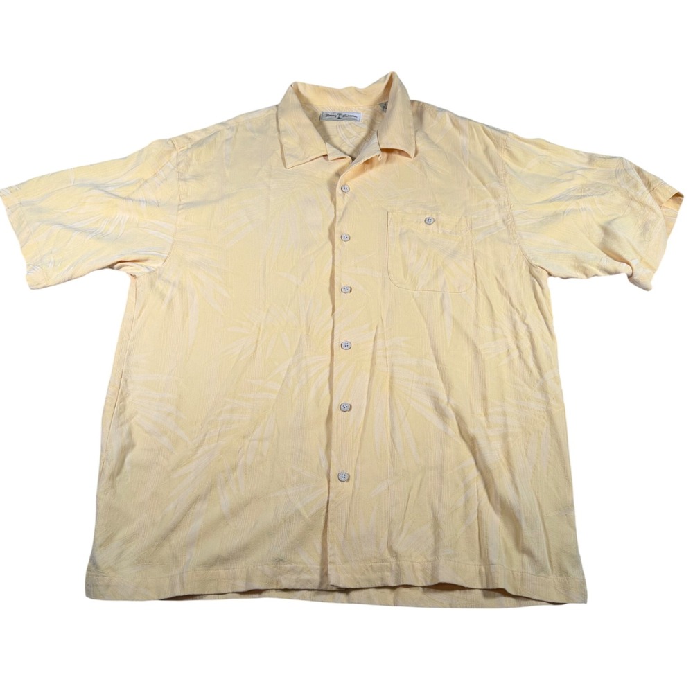 Tommy Bahama Button Down Shirt Mens XL Yellow Silk Cotton Blend Palm Leaves